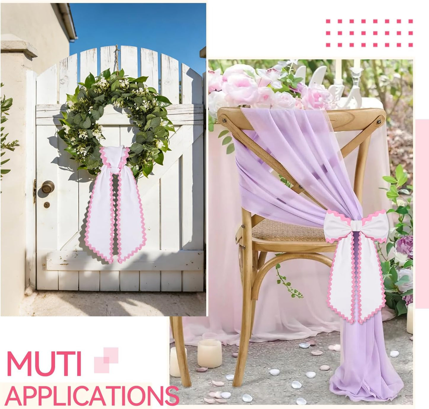 Skiennix Scalloped Wreath Sash - Elegant Ruffle Ribbon Bow for Front Door Decor | 2 Pcs Set in White & Pink