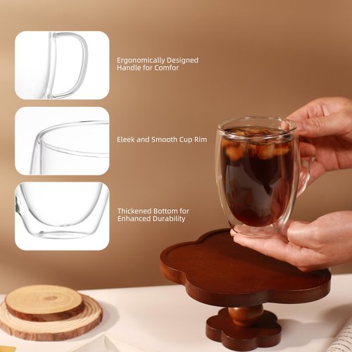 CNGLASS 6 Pack Double Walled Glass Coffee Mugs，12oz Clear Coffee Cups with Handle，Insulated Glass Espresso Mugs for Latte,Cappuccino,Tea