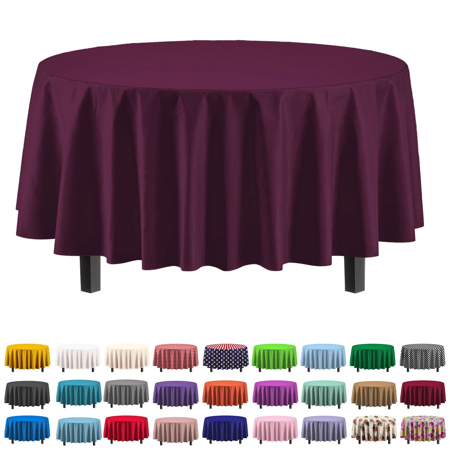 Exquisite 12-Pack Premium Plastic Tablecloth Pack of 12 Premium Plastic Tablecloth 84 Inch Round Table Cover - Plum