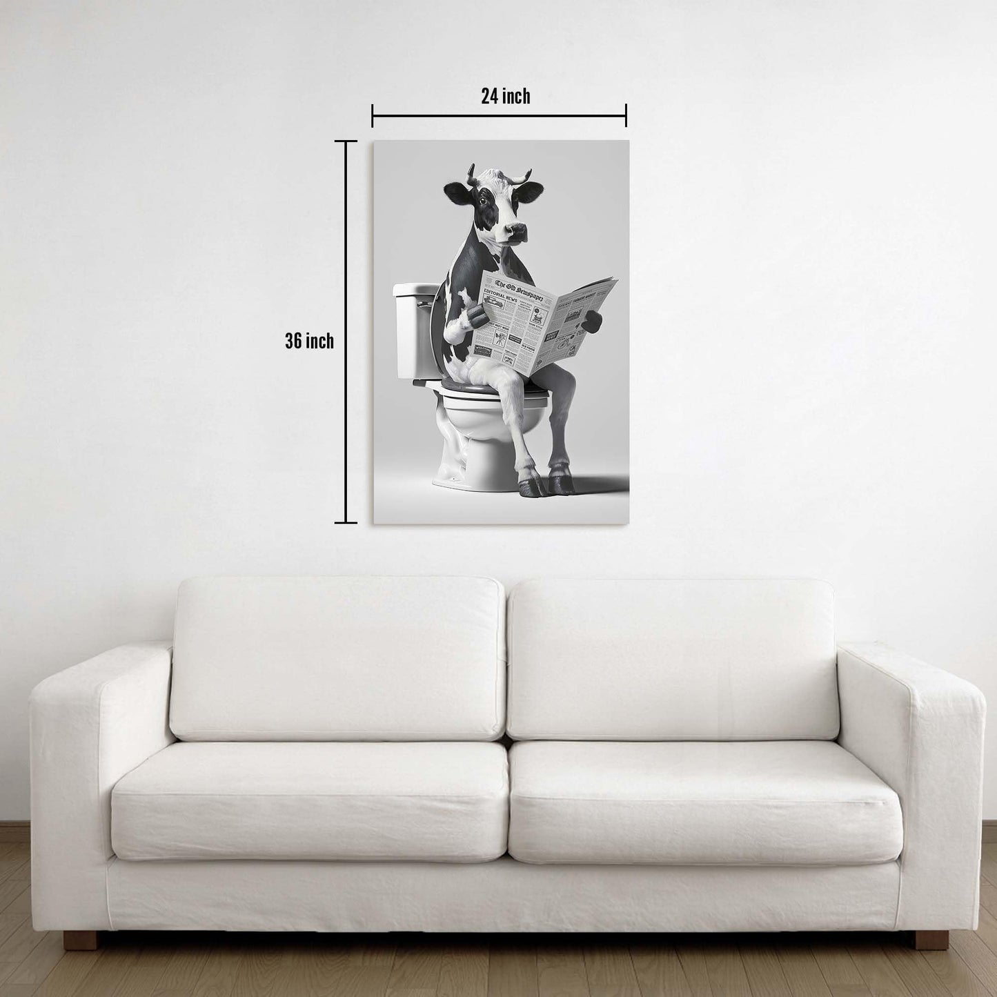 Animal Bathroom Wall Art Decor: Funny Cow Canvas Picture Black and White Bathroom Print Artwork Fun Animal on Toilet Painting for Home Restroom Farmhouse