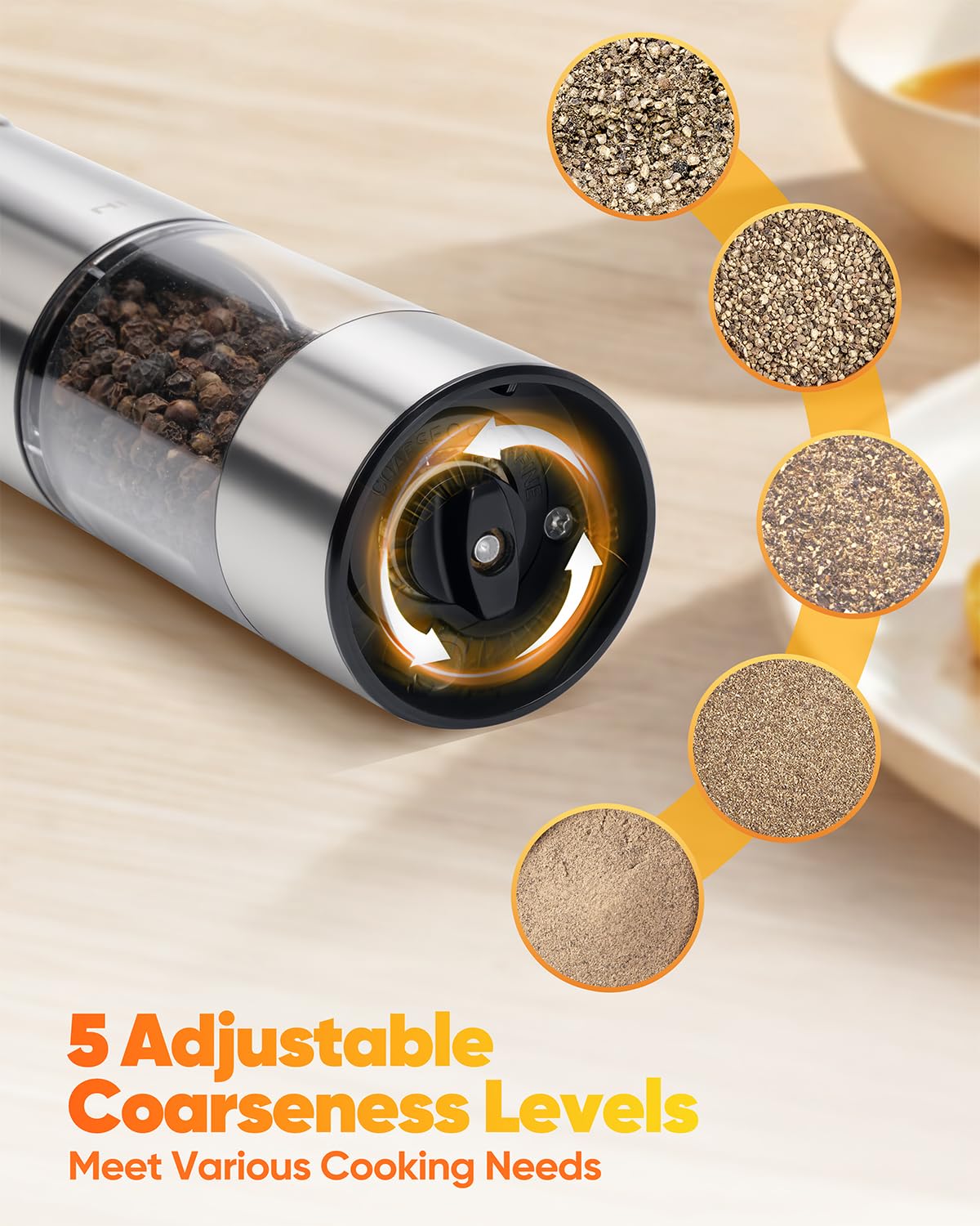 NIHEWON Electric Salt and Pepper Grinder Set with LED Light, Rechargeable Salt and Pepper Shakers with 5 Adjustable Coarseness, Upgraded Large Capacity, Stainless Steel, Storage & Charging Base