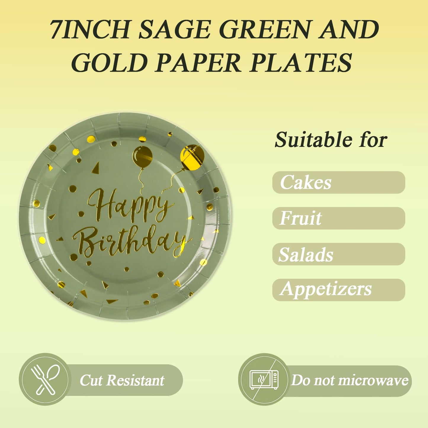 72PCS Happy Birthday Paper Plates - Sage Green and Gold Tableware Set Include 7Inch Paper Plates 6.5 Inch Napkins and 6.3 Inch Forks Disposable Decoration Supplies for Birthday Party,Serve 24