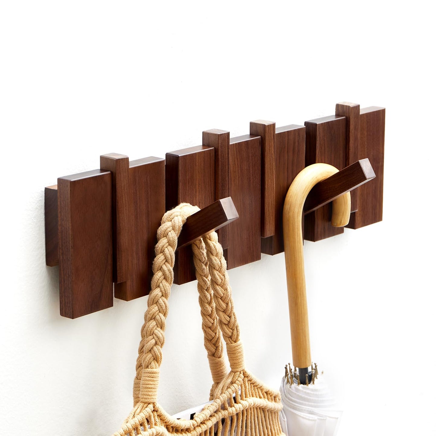 ESDOPA Wood Wall Mounted Coat Rack, Flip Down Wall-Mount Hook Racks with 6 Hooks, Entryway Hanger Art Hook for Hanging Coats Keys Hats Towels Bags, Walnut