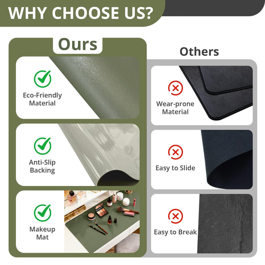 LovePads Makeup Mat for Vanity, 14 x 24 Dual-Sided Desk Pad & Vanity Cover Top, Waterproof PVC Protector Mat for Dresser, Nail Art, Craft Table (Green+Grey)