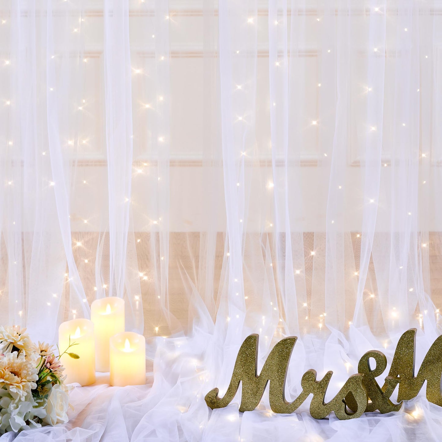 10ft x 10ft White Tulle Backdrop Curtain with Lights String for Parties Wedding Bridal Shower Sheer White Curtain Backdrop for Birthday Baby Shower Photo Booth Background Decorations