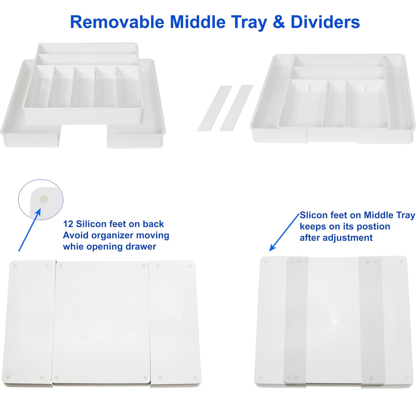 Simple Houseware Expandable & Adjustable Cutlery Drawer Organizer - Large Utensil and Flatware Tray for Kitchen Drawers, White