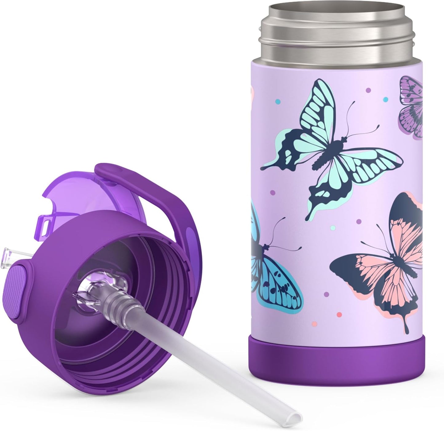 THERMOS FUNTAINER Water Bottle - 12 Ounce Stainless Steel Insulated Kids Bottle with Straw | Butterfly Frenzy Design