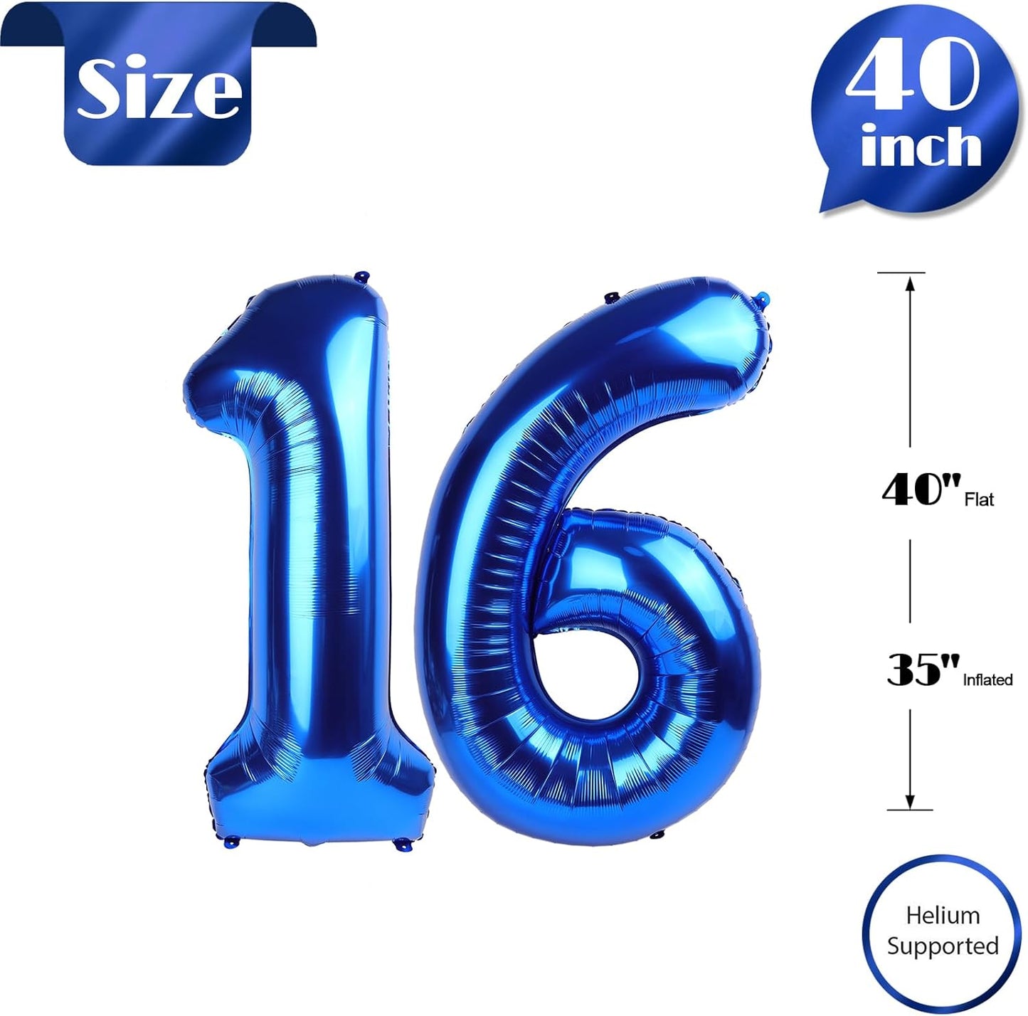 Number 16 Balloon - Navy Blue 40 Inch Birthday Decoration for 16th Birthday Party Supplies
