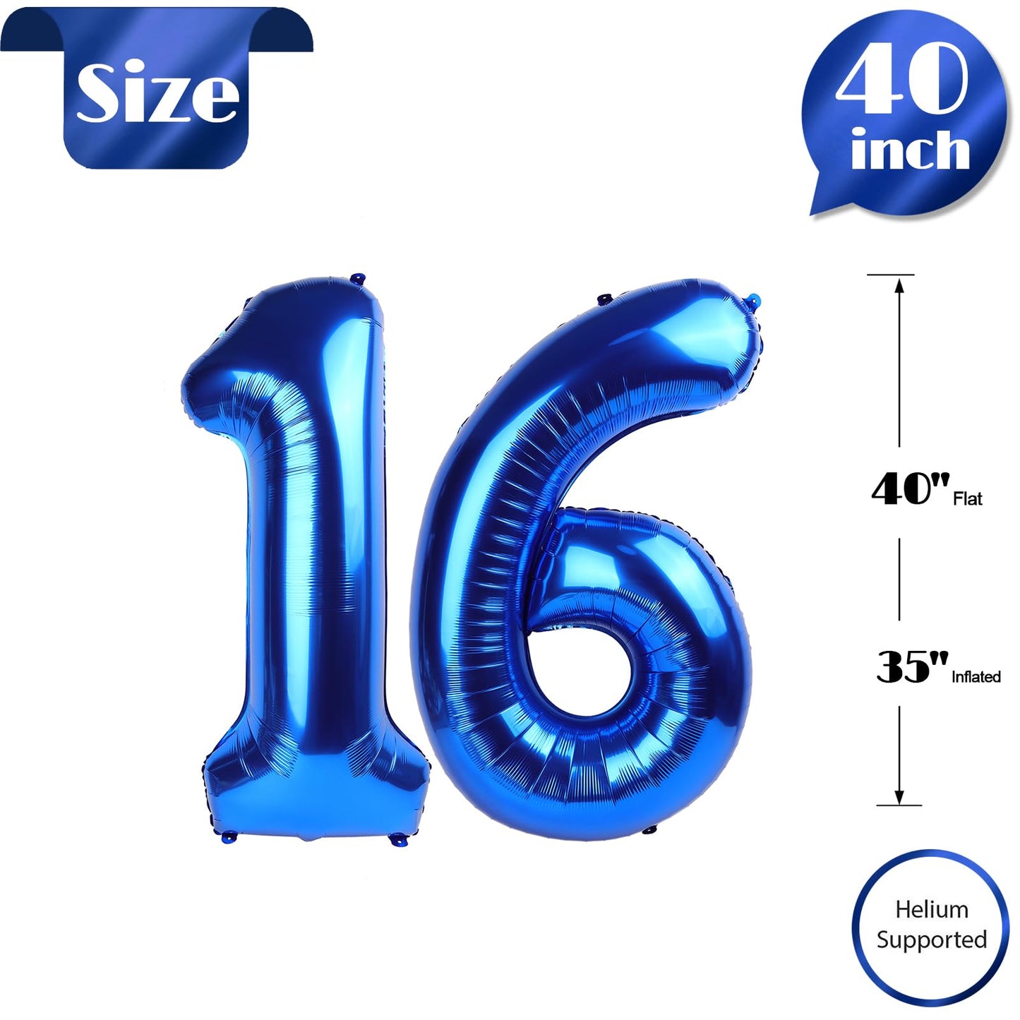 Navy Blue Number 16 Balloon 40 inch, 16 Number Balloons, 16th Navy Blue Birthday Decorations, 16 Year Old Girls Boys Blue Party Supplies