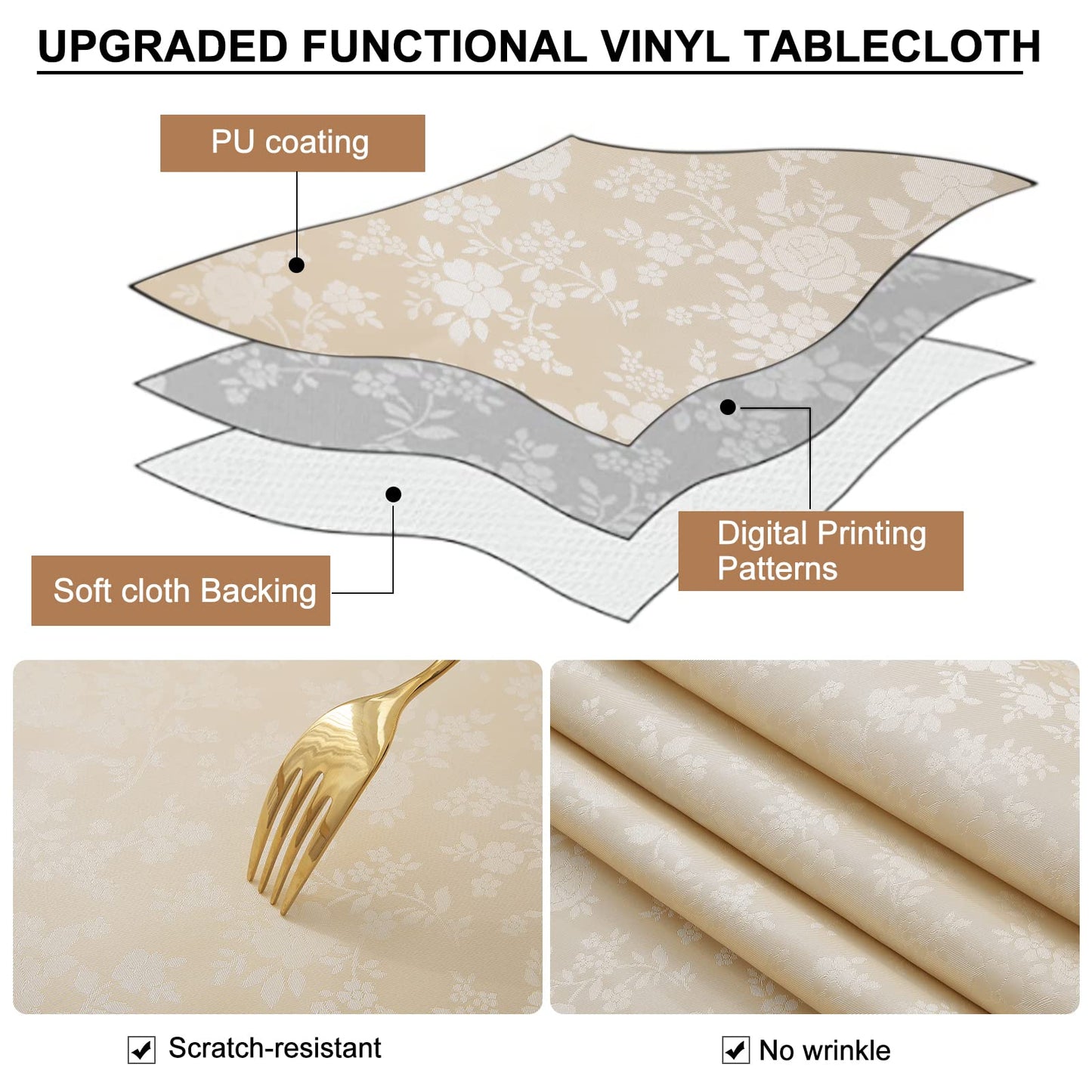 Smiry Rectangle Table Cloth, Waterproof Heavy Duty Vinyl Tablecloths, Wipeable Washable Table Cover for Kitchen and Dining Room (Beige, 60" X 144")