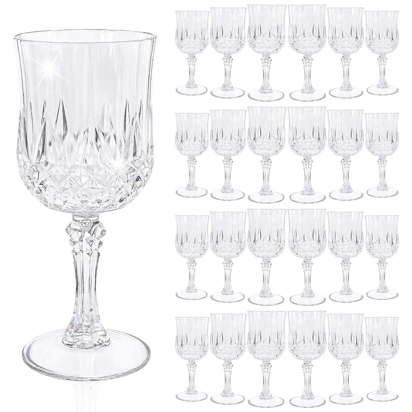 24 Pcs Clear Plastic Wine Glasses, Plastic Goblets for Parties, Vintage Wine Glasses Bulk, Reusable Drinking Glass, Drinkware Cups for Wedding Party Reception Event Supplies