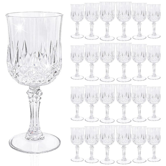 24 Pcs Clear Plastic Wine Glasses, Plastic Goblets for Parties, Vintage Wine Glasses Bulk, Reusable Drinking Glass, Drinkware Cups for Wedding Party Reception Event Supplies