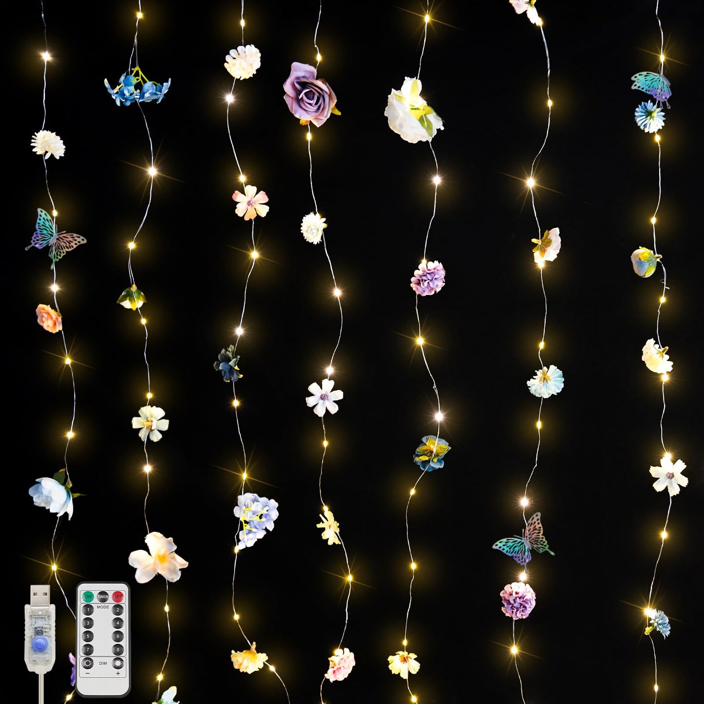suddus DIY Curtain Lights Kit - 200 LED Fairy String Lights with 3D Butterflies & Silk Flowers, Remote Control 8 Modes USB Powered for Bedroom Wall to Wedding Backdrop (6.5x6.5ft Warm White)