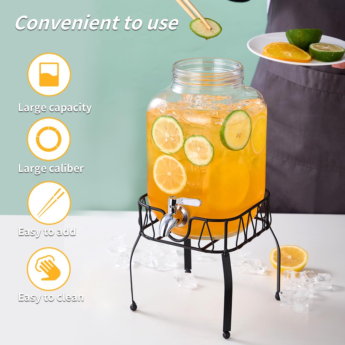 1 Gallon Glass Beverage Dispenser with Stand, Stainless Steel Spigot and Lid, Glass Drink Dispensers for Parties, Drink Dispensers with Lids for Lemonade Sun Tea Mason Jar