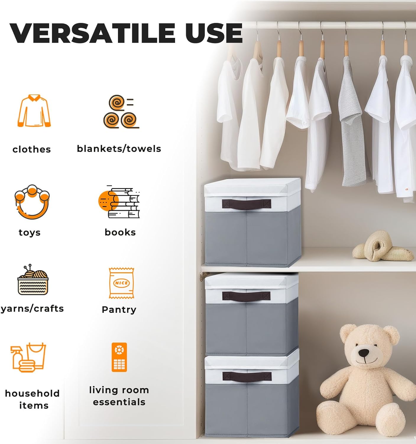 Large Closet Storage Baskets by [Brand Name] - Stackable Organizing Bins with Lids | 4-Pack for Nursery, Bedroom, and Home - 14x10x9.5