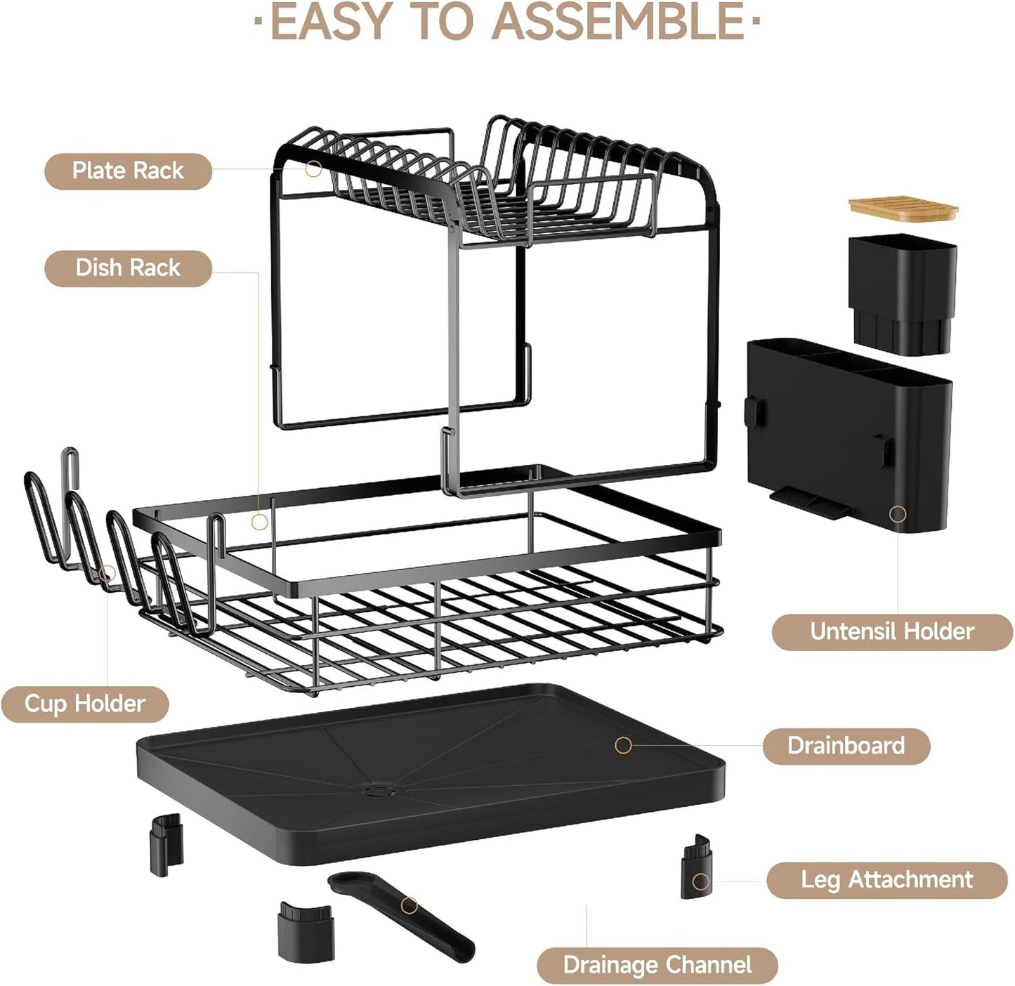 Runnatal 2-Tier Dish Drying Rack - Large Capacity Anti-Rust Dish Drainer Set | Black Over The Sink Design