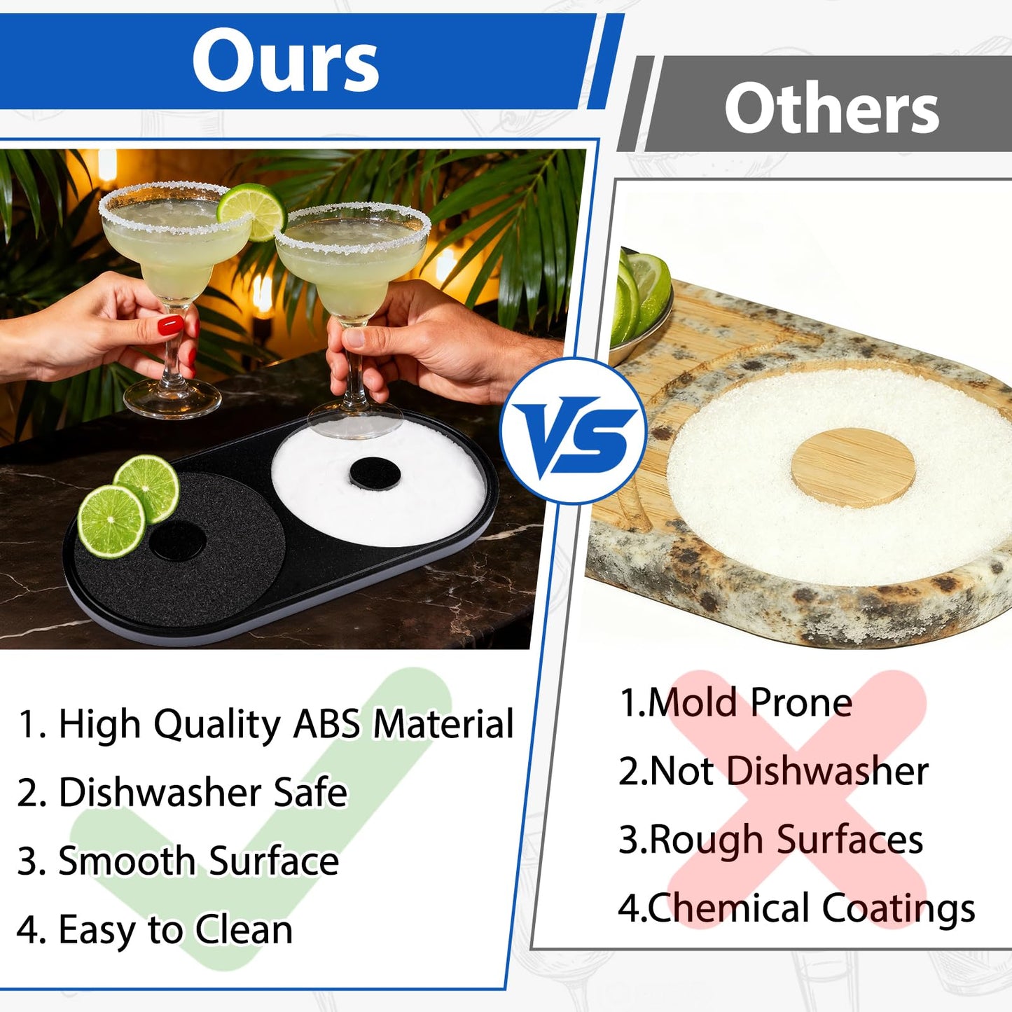 Margarita Salt Rimmer Set, 2 Pack Bar Salt and Sugar Rimmer with Sponge, 2-in-1 Bar Glass Cocktail Rim Set, Dishwasher Safe Black Barware Tools for Margarita Mojitos (Black)