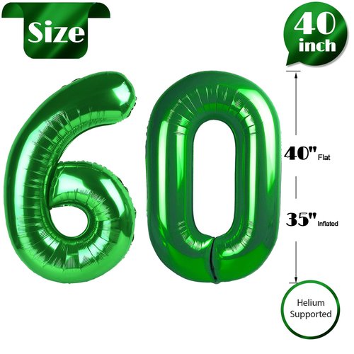 Green Number 60 Balloon 40 inch, 60th Green Birthday Decorations, 60 Year Old Women Men Party Supplies, St. Patrick's Day Games Theme Birthday Deco