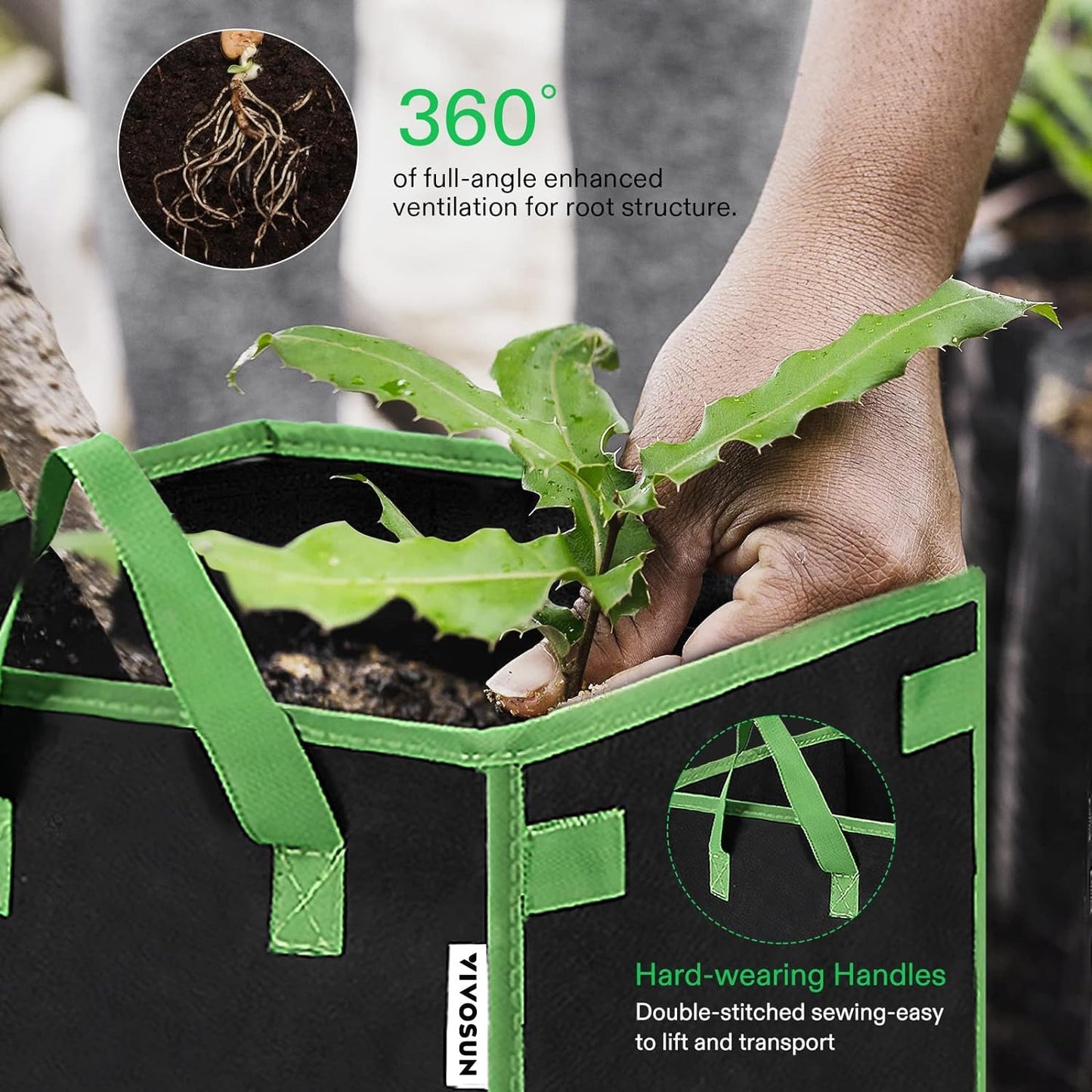 VIVOSUN 3 Gallon Square Grow Bags - Durable Nonwoven Fabric Pots with Handles for Gardening | 5 Pack