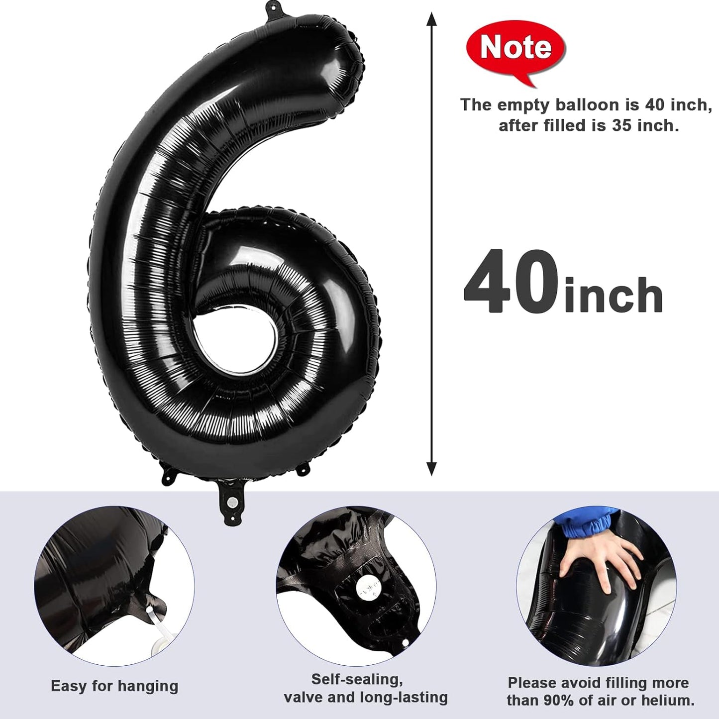 Skiennix 40-Inch Number Balloons - 6th Birthday Party Decorations for Boys & Girls | Black 16-60-61-65