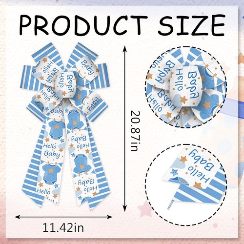 Estivaux Large Baby Shower Bows - Blue Striped Burlap Wreath Bows for Gender Reveal & Baby Boy Decor