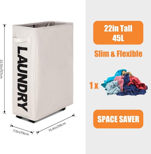 Caroeas Rolling Slim Laundry Basket - Foldable Waterproof Sorter on Wheels | 22" Tall Beige Hamper