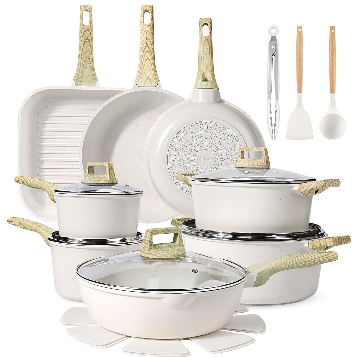GiPP 21Psc Pots and Pans Set Non Stick White Granite Kitchen Cookware Sets Nonstick Induction Cookware Non-toxic Cooking Pan Set with Silicone Utensils, PFOS and PFOA Free
