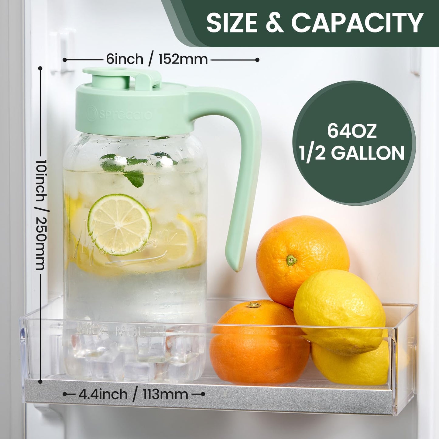 Spreccio Mason Jar Pitcher - Airtight & Leakproof Glass Pitcher with Lid[set of 2], Perfect for Breastmilk, Cold Brew, and Sun Tea, 2 Quart (64 oz) Mason Jar with Pour Spout Lid