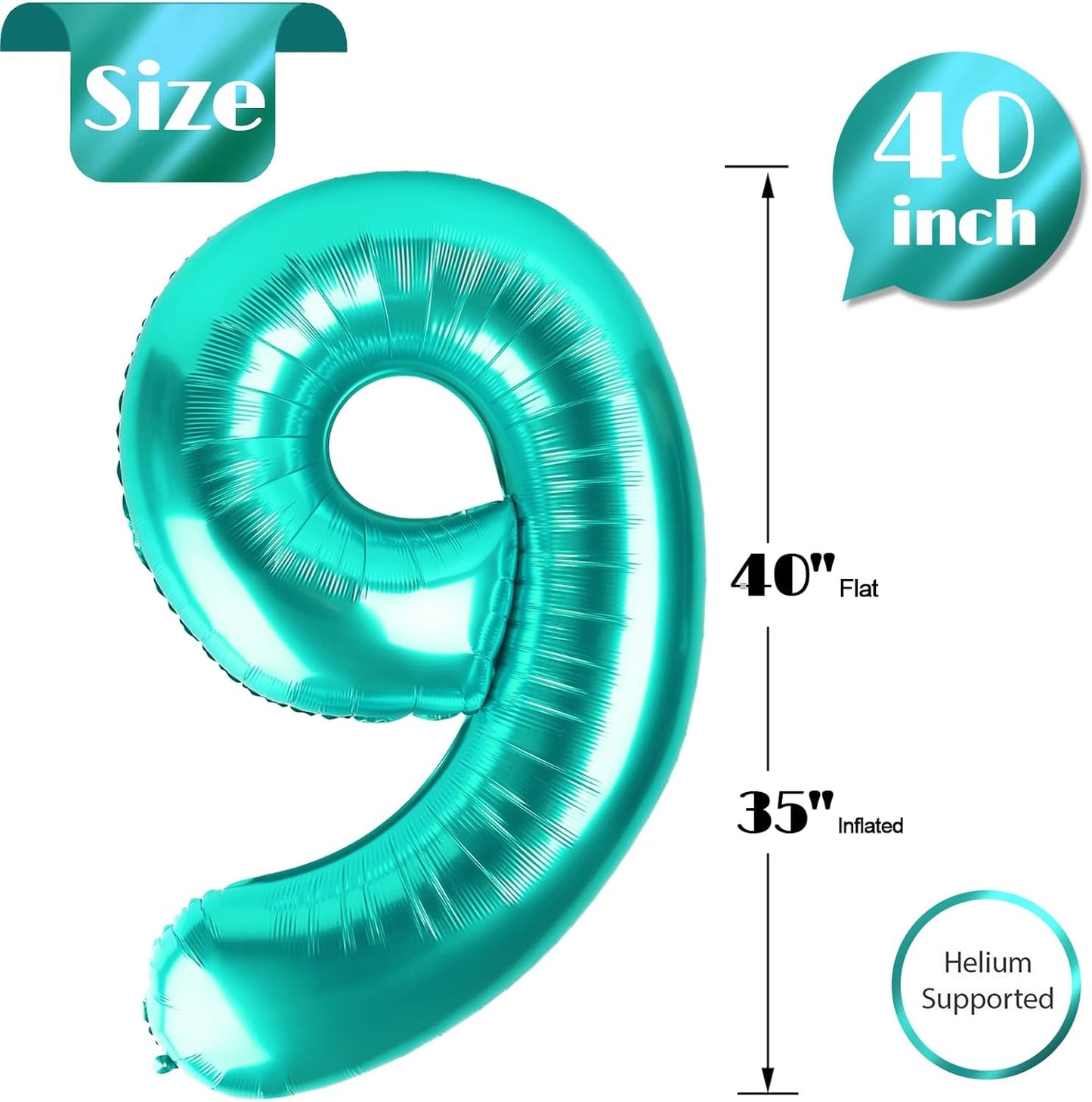 Teal Blue Number 9 Balloon - 40 Inch Giant Birthday Decoration for Girls | Perfect for 9th, 19th, and 29th Parties