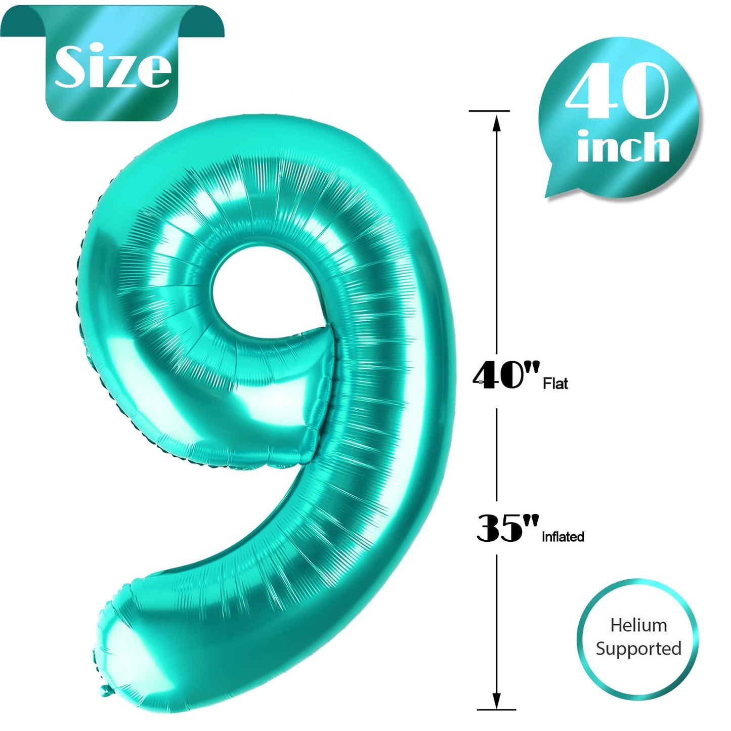 Teal Blue 9 Balloon, Number Balloons 40 Inch, 9th Giant Birthday Decorations for Girls, 19th 29th Party Decorations Supplies, Number 9 Balloon