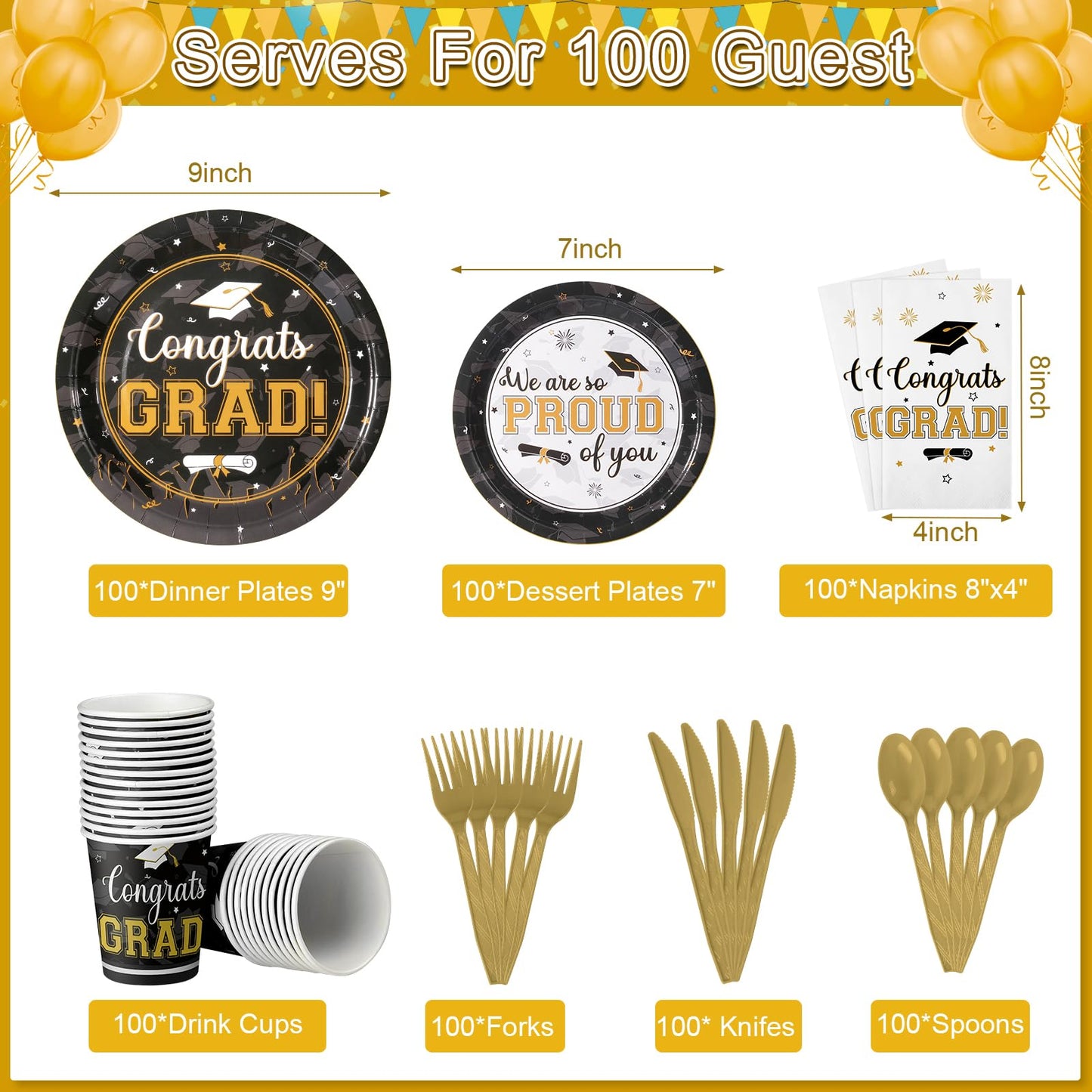 Graduation Party Supplies Congrats Grad Plates and Napkins Set Disposable Tableware Paper Plates Napkins Cup Knive Spoon Fork Straw for Class of 2026 Graduation Party Decorations Serve 100(Black Gold)