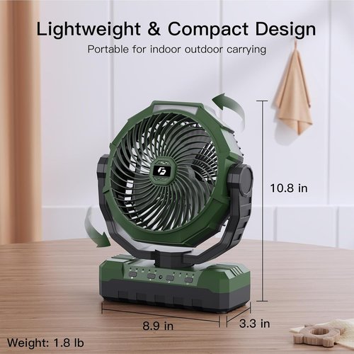 FRIZCOL 3-in-1 Camping Fan - Portable Rechargeable Fan with 24000mAh Battery, Light & Remote - Green