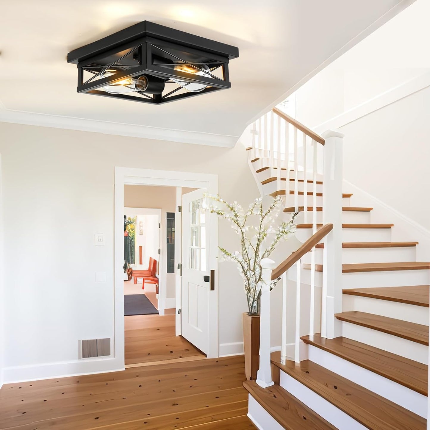 Farmhouse Flush Mount Ceiling Light Oak White Ceiling Light Fixtures 2-Light Industrial Vintage Metal-Framed Ceiling Lighting for Hallway Foyer Kitchen Dining Room Bedroom Living Room Laundry