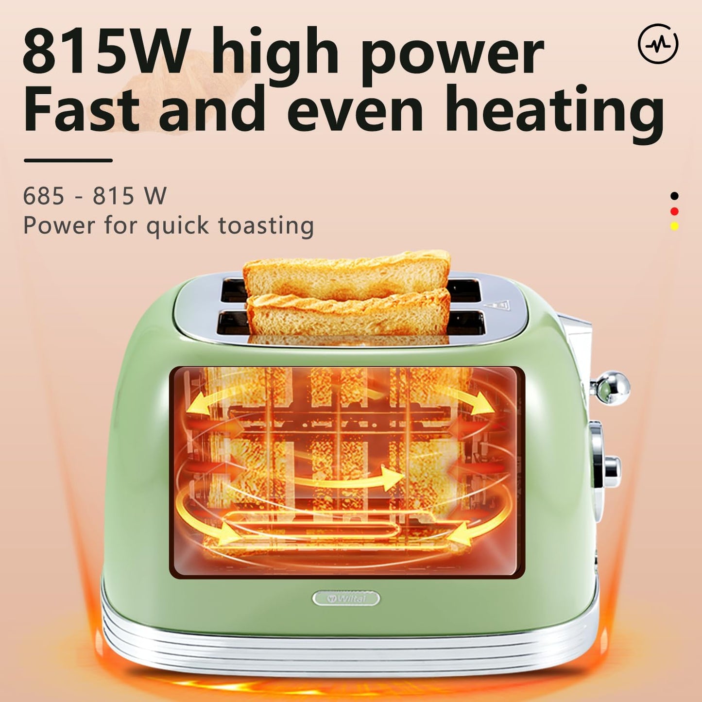 Wiltal Green Retro 2-Slice Toaster - 1.58" Wide Slots, Stainless Steel Lid, Warming Rack & Countdown Timer