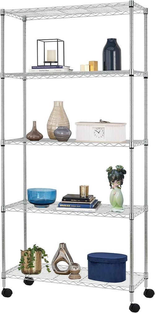 BestOffice 5-Tier Wire Storage Shelves with Wheels - Heavy-Duty Metal, Adjustable, Chrome | 14x30x60 | Holds Up to 220 lbs | Easy No-Tool Assembly for Home & Garage