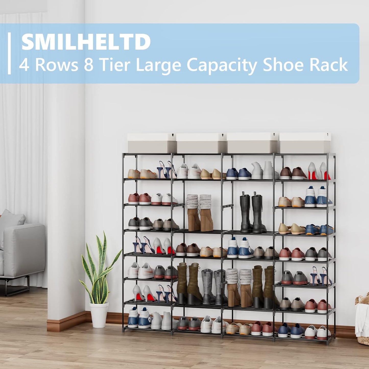 SMILHELTD Large Shoe Rack - 8-Tier Storage Unit for 64 Pairs | Heavy Duty, Customizable Height, Space-Saving Design (66.1" W x 49.2" H)