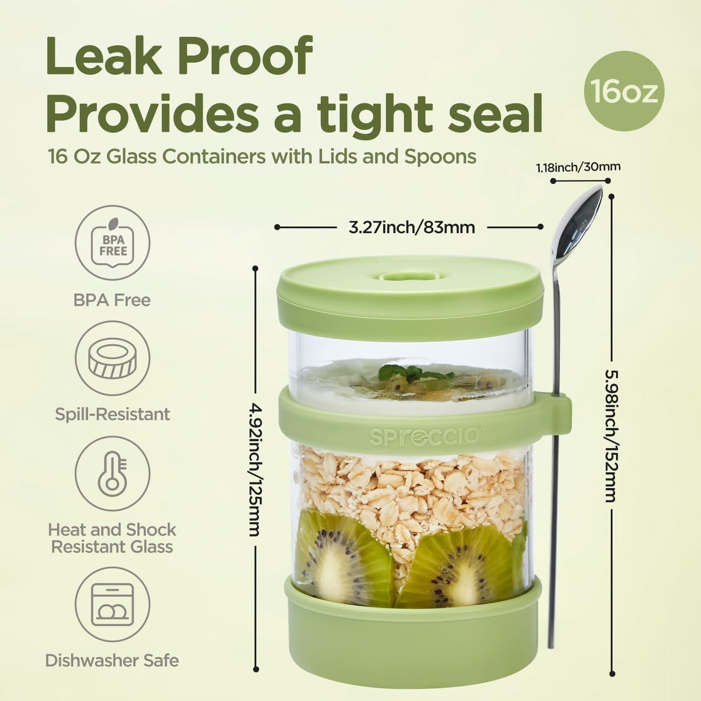Spreccio Glass Overnight Oats Containers with Lids of Silicone and Spoon 16 oz [2 Pack], Airtight Overnight Oats Jars with Silicone Lid, For Yogurt Containers Chia Pudding Jars Snack Spice (Green)