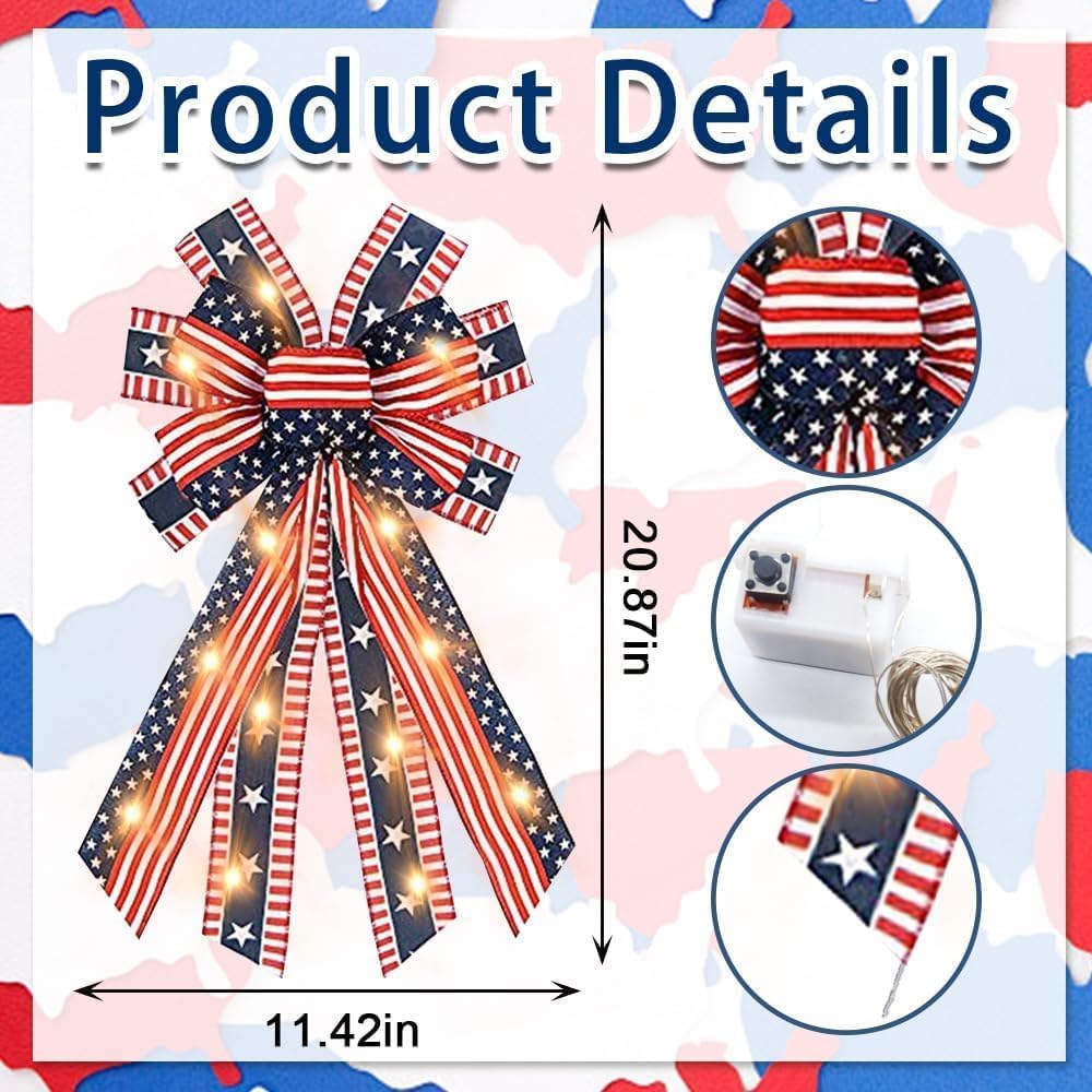 LED 4th of July Bows - Patriotic Burlap Bow with American Flags & Lights | Perfect for Wreaths & Front Door Decor