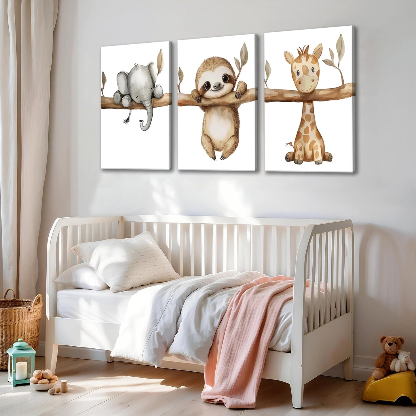 3Pcs Nursery Animal Canvas Wall Art Safari Nursery Poster Prints Jungle Kids Painting Cute Animal Elephant Sloth Giraffe Artwork Picture Wall Decor for Boys Room Girls Room 16x24in Framed
