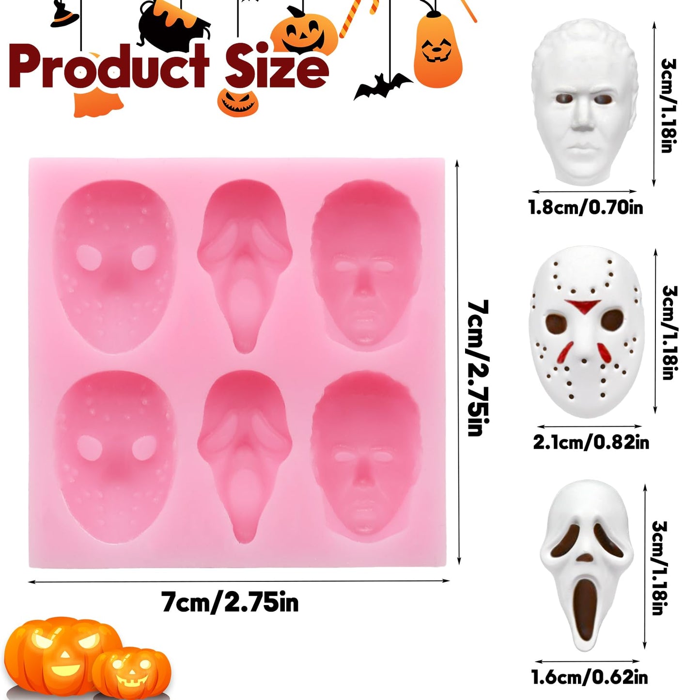 2 Pcs Halloween Chocolate Mold Pink Silicone Molds Halloween Theme Food Grade Chocolate Candy Moulds 3D Skull Scary Movie Characters Designs Homemade Prank Chocolate Mold for Halloween Party Decor