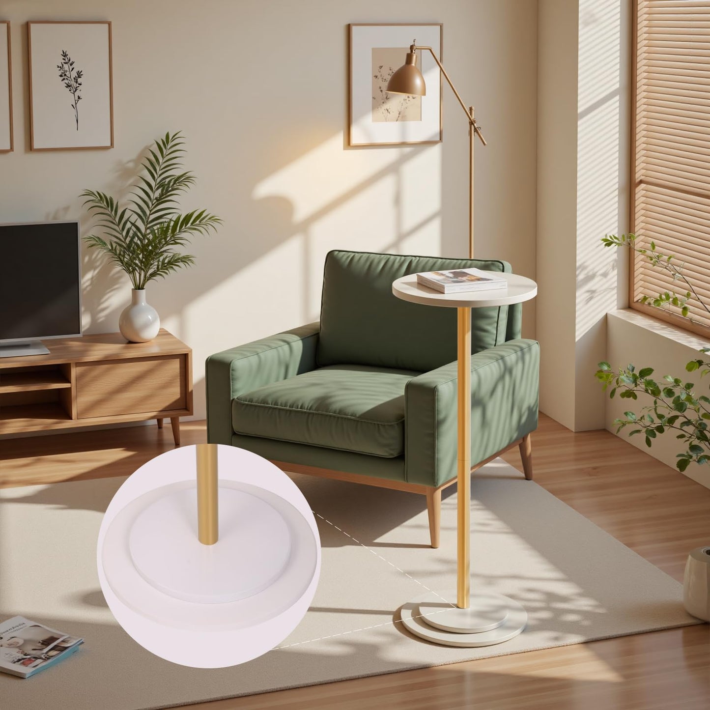 OIKASSU Premium Stone Round Drink Table,Heavy Duty Stone Base Top Pedestal,Cocktail Accent End Table for Living Room,Waterproof, Weighted Base Small Accent Side Table for Small Space Office,White