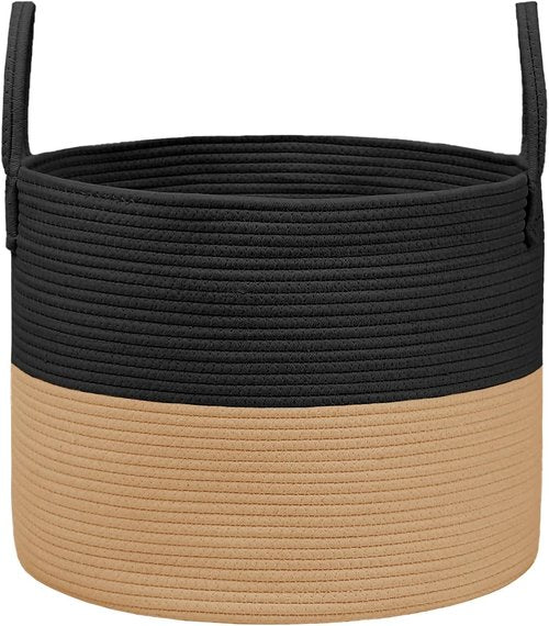 JMvicyroam 65L Extra Large Blanket Basket - Woven Cotton Rope Laundry Hamper with Reinforced Handles | Machine Washable Black & Jute Storage Bin for Pillows, Comforters & Toys