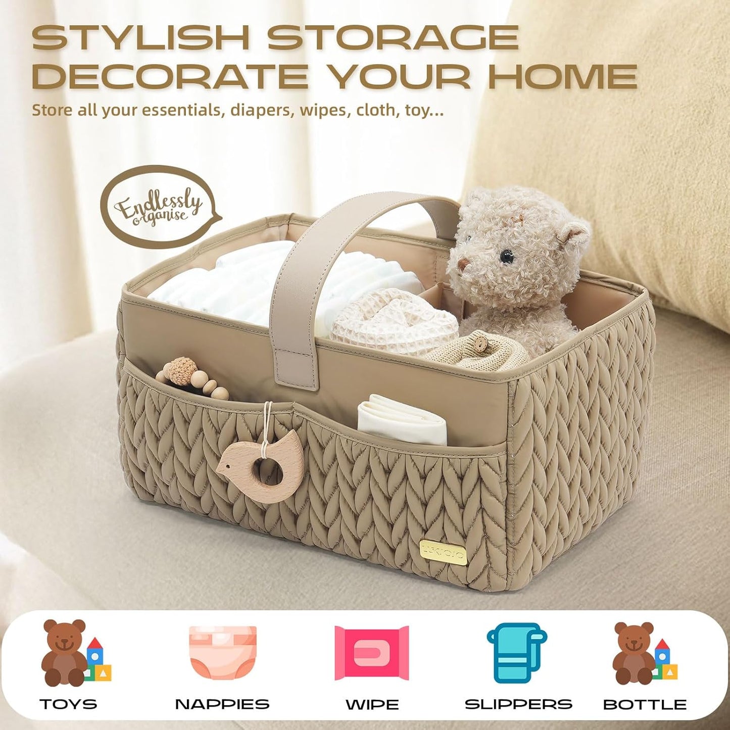 Luxurious Baby Diaper Caddy - Stylish Nursery Storage Basket for Newborn Essentials | Beige Organizer Tote Bag