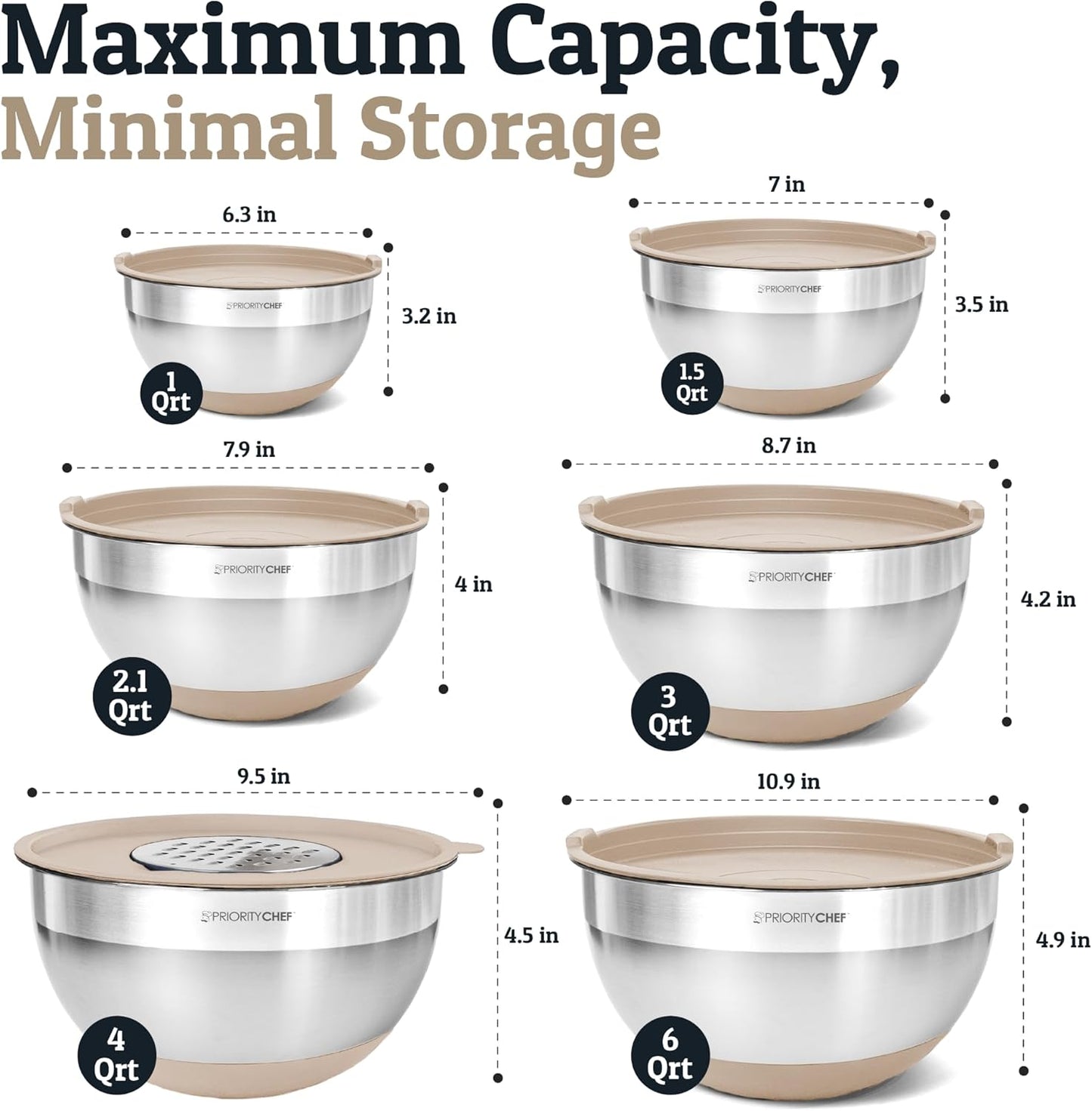 Priority Chef 6-Piece Stainless Steel Mixing Bowls Set - Non-Slip Bases & Airtight Lids | Khaki
