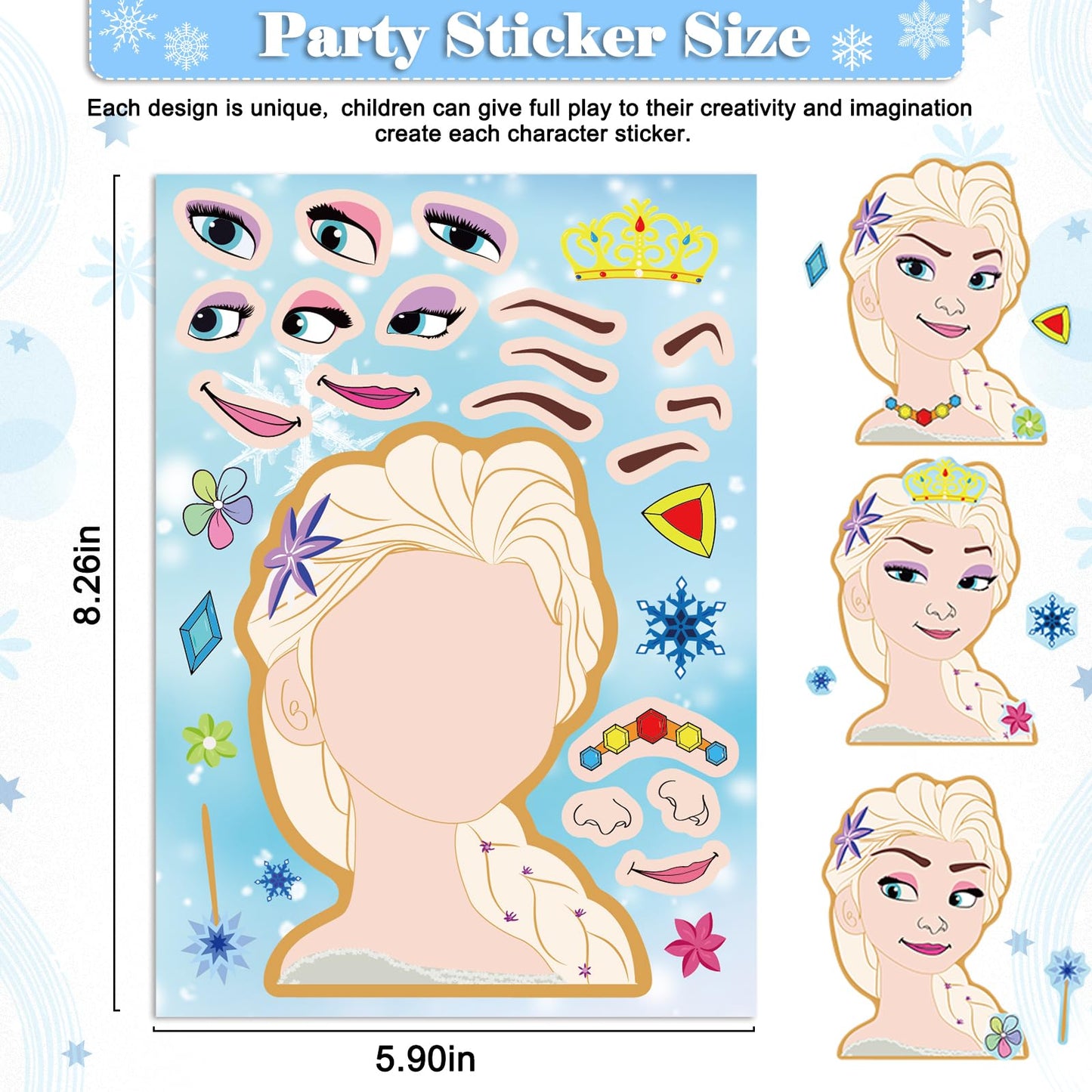 36Pcs Frozen Party Favors Stickers, Make Your Own Stickers for Kids Make a Face Sheets, Fun Gifts for Kids Birthday Party Supplies Mix and Match Sticker Bday Party Favor Decorations for Girls