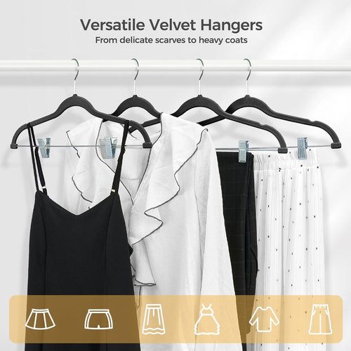 HOUSE DAY Velvet Hangers - Heavy Duty Non-Slip Suit Organizer with Adjustable Clips | 10-Pack (Black)
