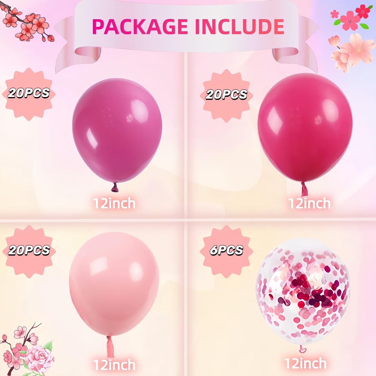 Pink Balloons Set, 66pcs 12 Inch Hot Pastel Pink Confetti Latex Balloon for Girls Women Birthday Baby Shower Wedding Princess Party Decorations
