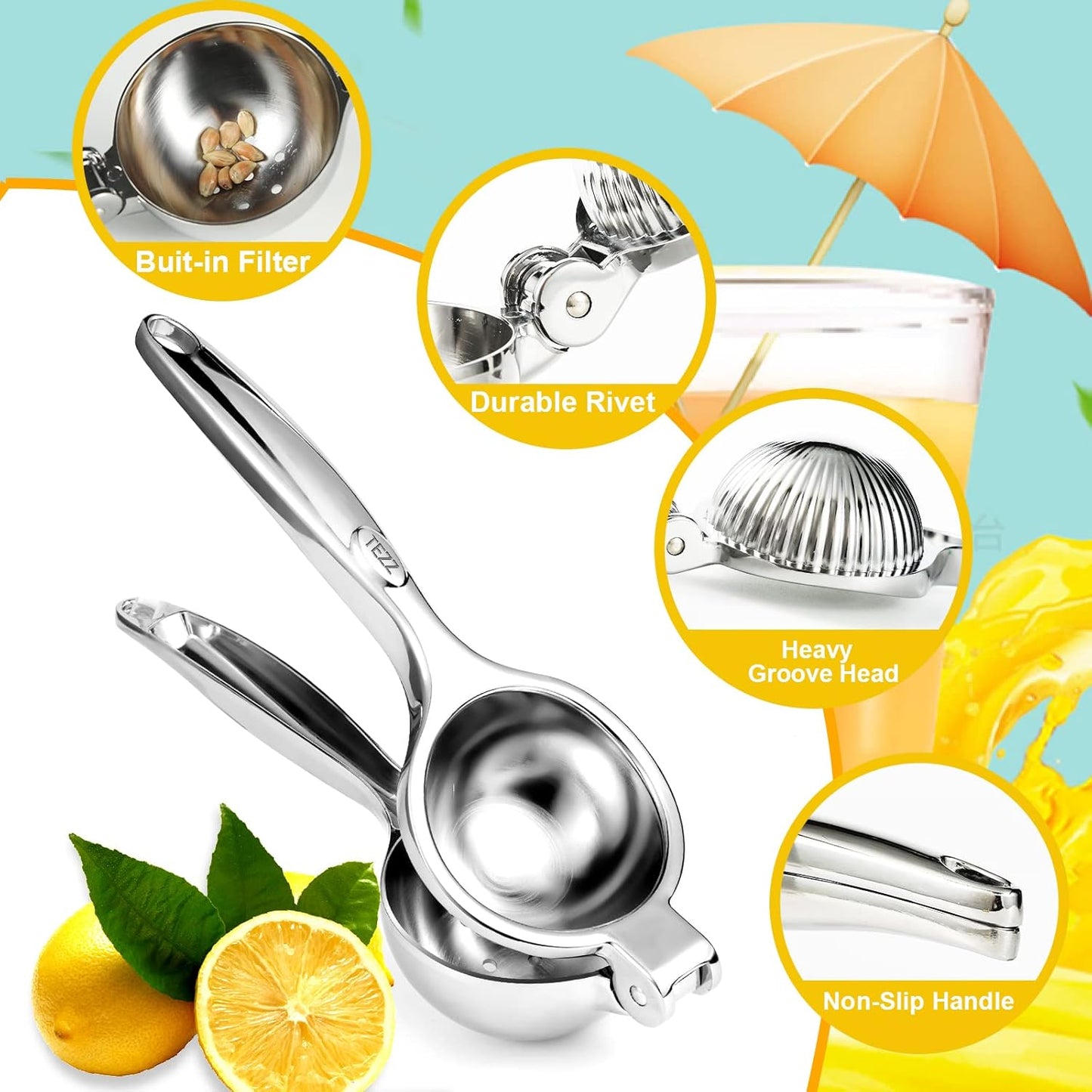 TEZZ Premium Lemon Squeezer - Heavy Duty Metal Hand Press Juicer for Citrus | Large Size
