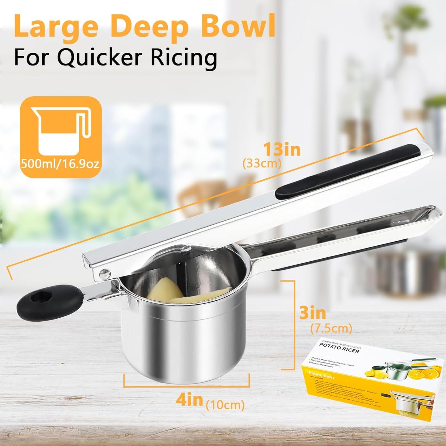 KAYCROWN Potato Ricer - Heavy Duty Stainless Steel Masher With 4 Discs for Perfect Mashed Potatoes
