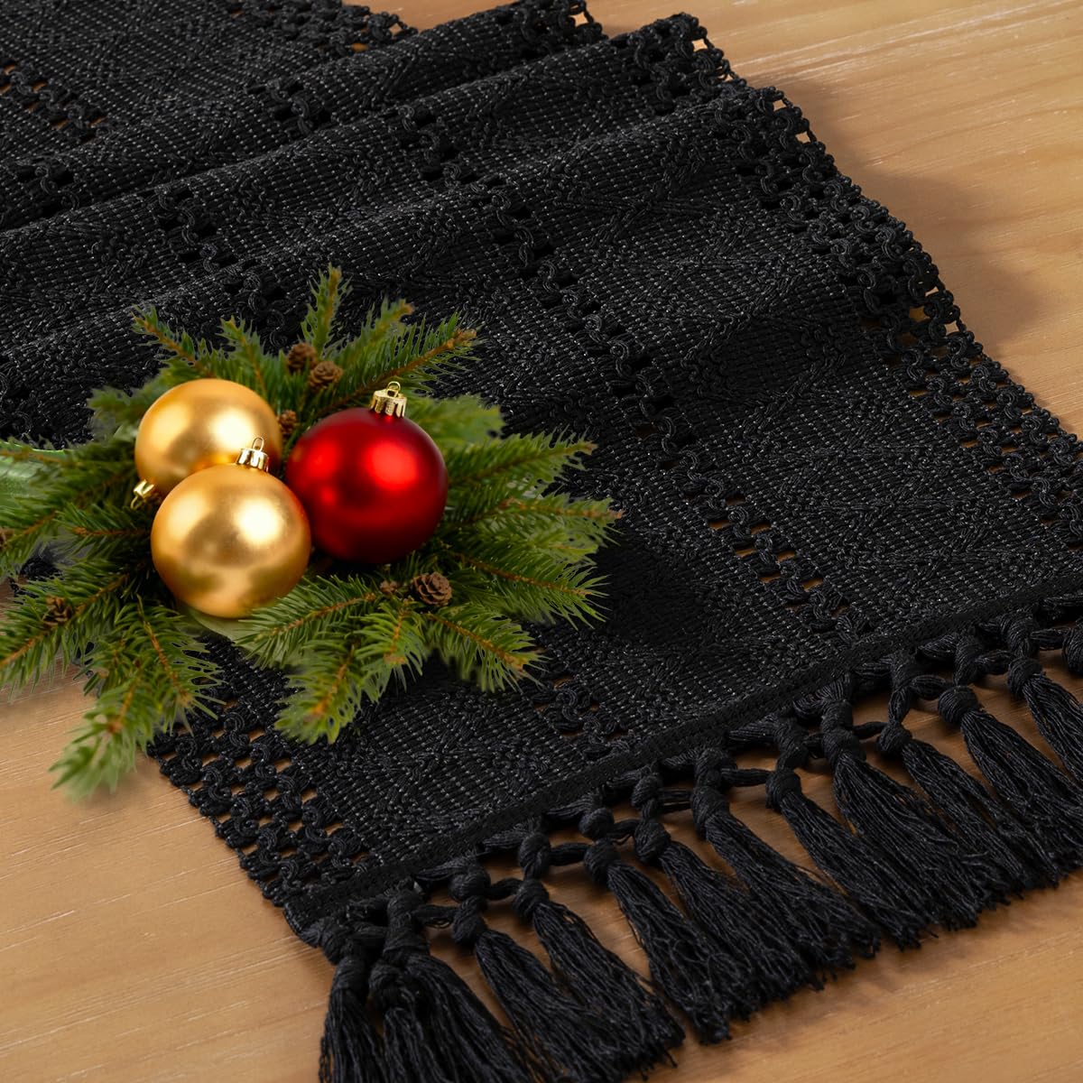 Socomi Boho Table Runner Easter Spring Farmhouse Rustic Dining Kitchen Centerpiece Decor Small Macrame Woven Cotton Linen Coffee Table Runner for Dresser Scarf Home Decor 12x60 inch Black